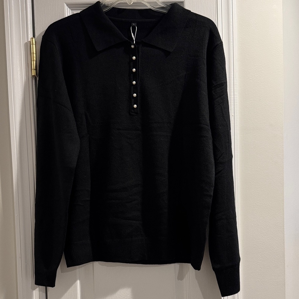 Elegant Black Top with Pearl Buttons